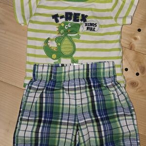Striped Green and Blue Dinosaur Kids shirt and shorts. 6/9 months